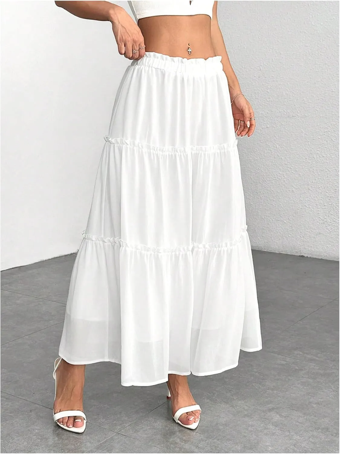 SOLY HUX Women's Ruffle Hem Skirt Frill Elastic Waist Casual Summer Flowy Long Skirts