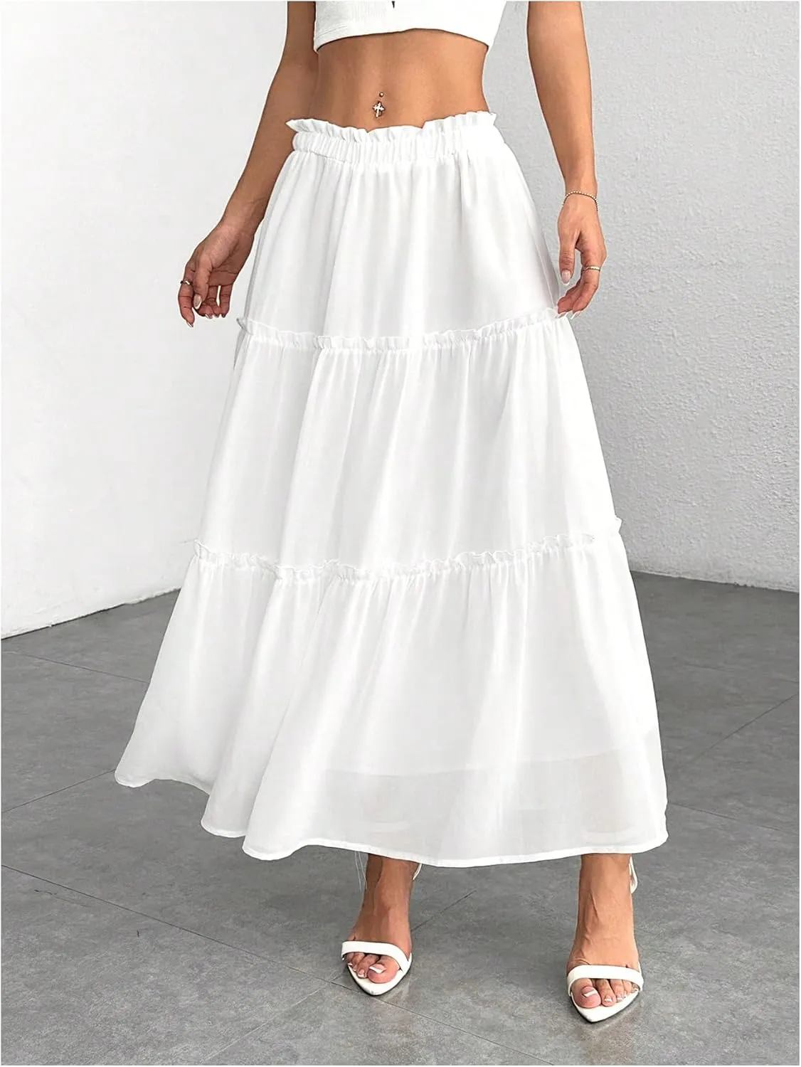 SOLY HUX Women's Ruffle Hem Skirt Frill Elastic Waist Casual Summer Flowy Long Skirts