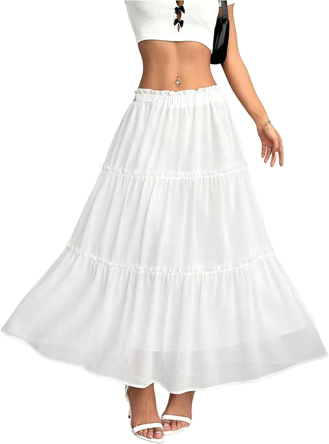 SOLY HUX Women's Ruffle Hem Skirt Frill Elastic Waist Casual Summer Flowy Long Skirts