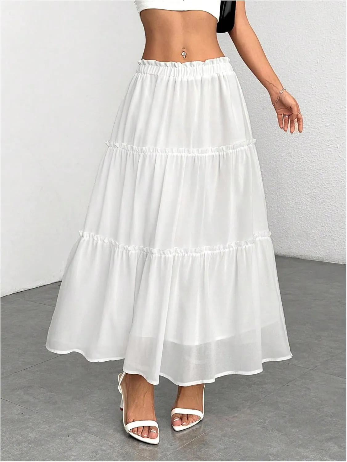 SOLY HUX Women's Ruffle Hem Skirt Frill Elastic Waist Casual Summer Flowy Long Skirts