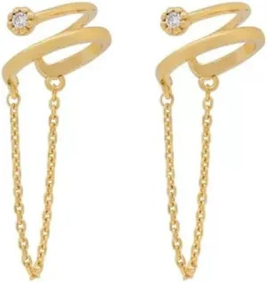 Spiral Chain Drop Ear Cuff Earrings, Gold Plated with Crystal Accent, Dangle Design