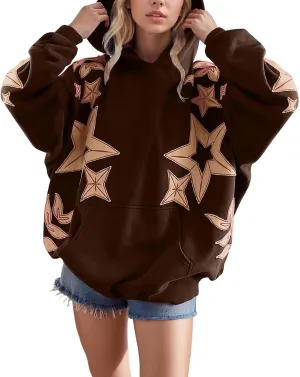 Star Graphic Hoodie Y2k Star Print Sweatshirt Long Sleeve Pocket Pullover Tops Cue Oversized Graphic Hoodies