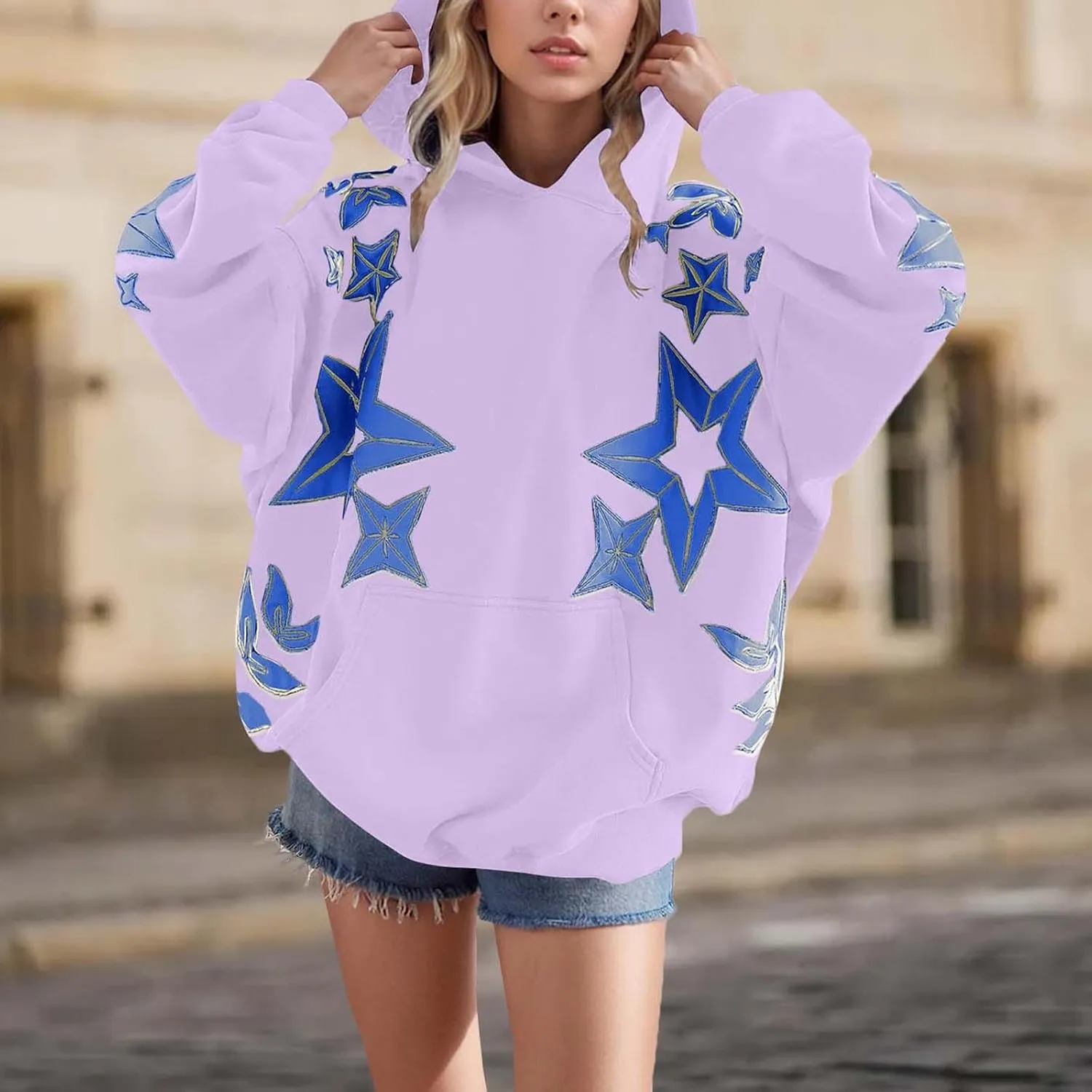 Star Graphic Hoodie Y2k Star Print Sweatshirt Long Sleeve Pocket Pullover Tops Cue Oversized Graphic Hoodies