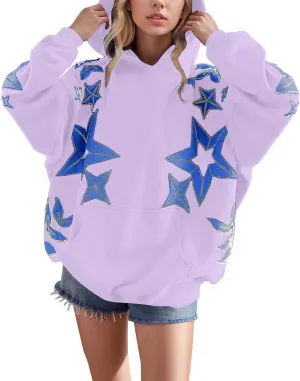 Star Graphic Hoodie Y2k Star Print Sweatshirt Long Sleeve Pocket Pullover Tops Cue Oversized Graphic Hoodies