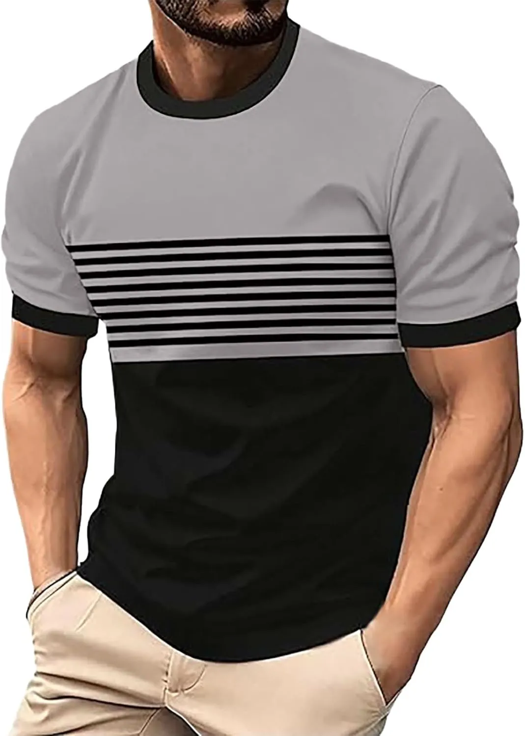Striped Shirts for Men Short Sleeve Crewneck Neck T-Shirts with Pocket Classic Basic Tees Fashion Summer Shirt Tops