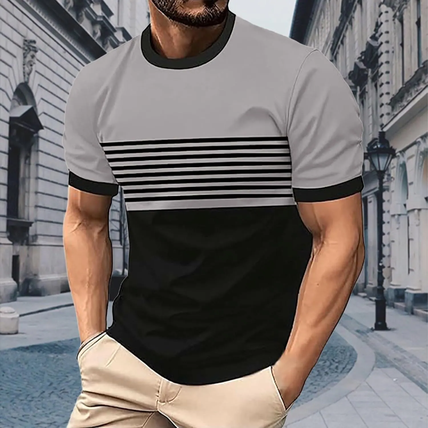 Striped Shirts for Men Short Sleeve Crewneck Neck T-Shirts with Pocket Classic Basic Tees Fashion Summer Shirt Tops