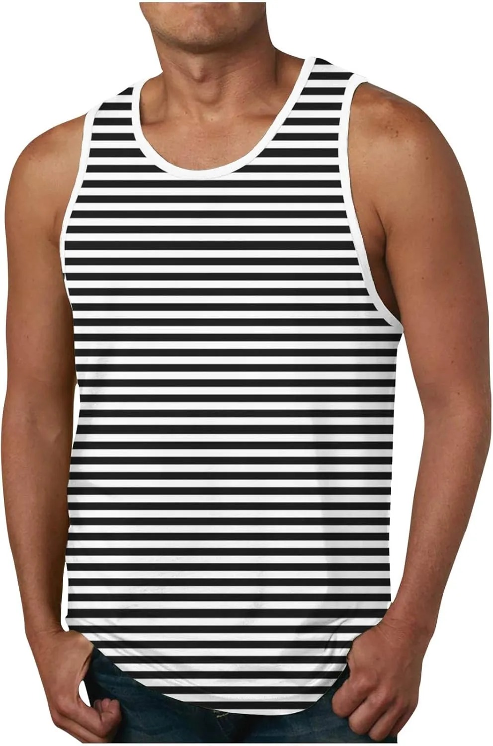 Striped Tank Top for Mens Summer Loose Sleeveless Shirt Classic Round Neck Lightweight Casual Holiday Beach Tee Tops