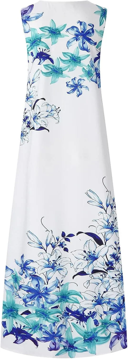 Summer Dresses for Women 2024 Casual Loose Sundress Sleeveless Floral Print Maxi Dresses V Neck Beach Dress