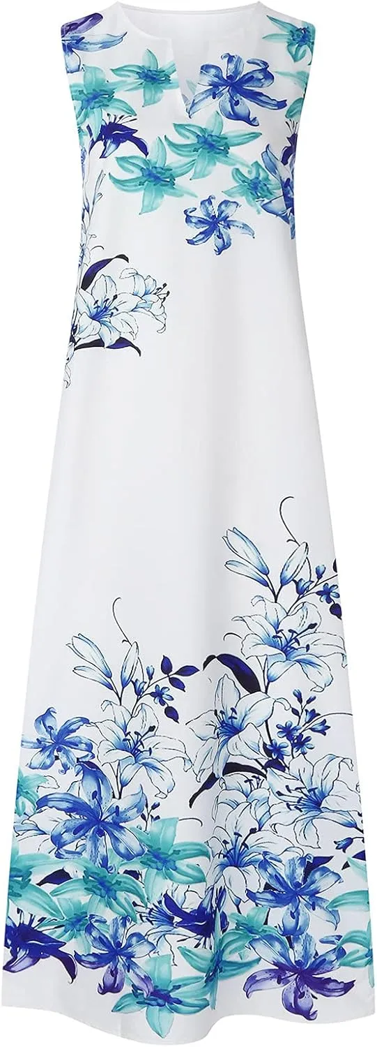 Summer Dresses for Women 2024 Casual Loose Sundress Sleeveless Floral Print Maxi Dresses V Neck Beach Dress