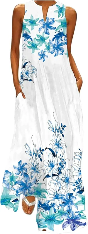 Summer Dresses for Women 2024 Casual Loose Sundress Sleeveless Floral Print Maxi Dresses V Neck Beach Dress
