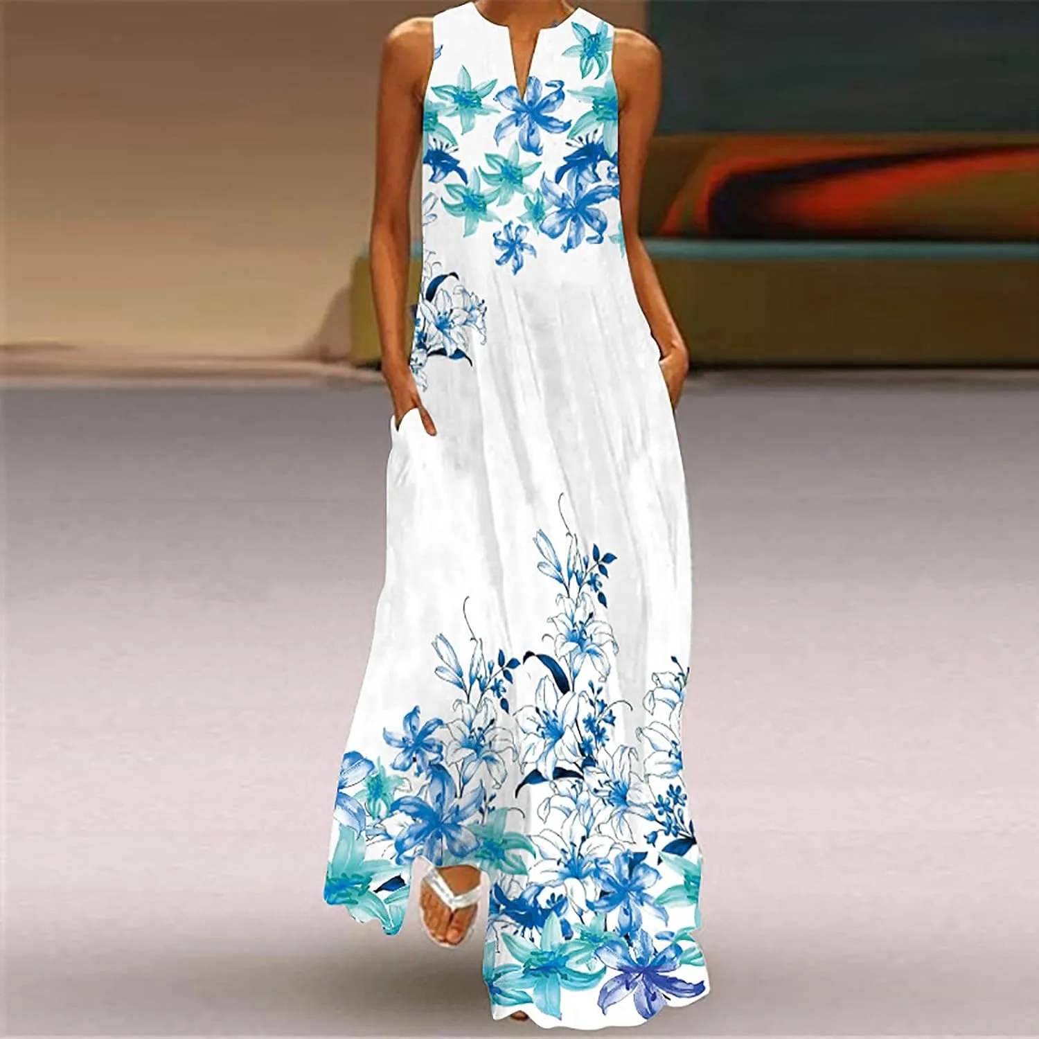 Summer Dresses for Women 2024 Casual Loose Sundress Sleeveless Floral Print Maxi Dresses V Neck Beach Dress