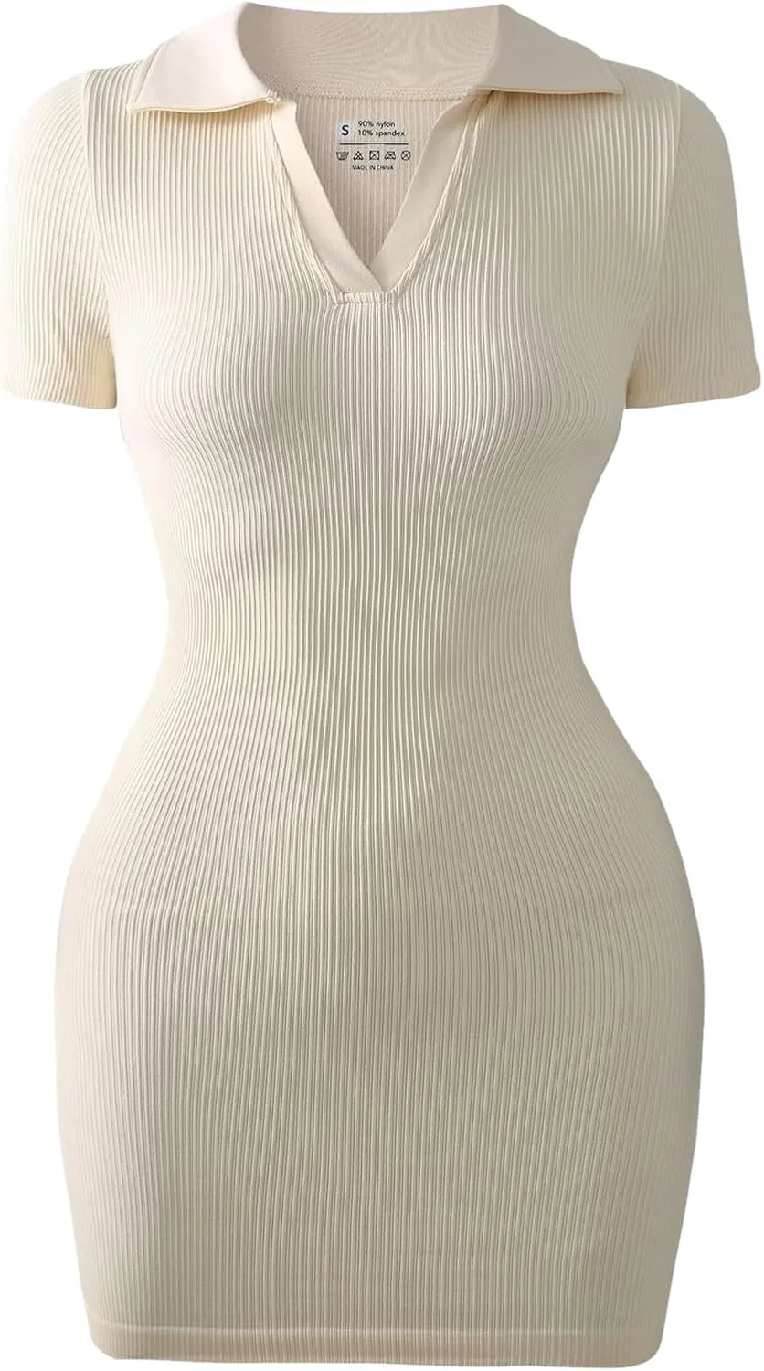 Summer Dresses for Women 2025 Collared Wrap Short Dresses Ribbed Short Sleeve V Neck Sun Dress Business Casual Dress