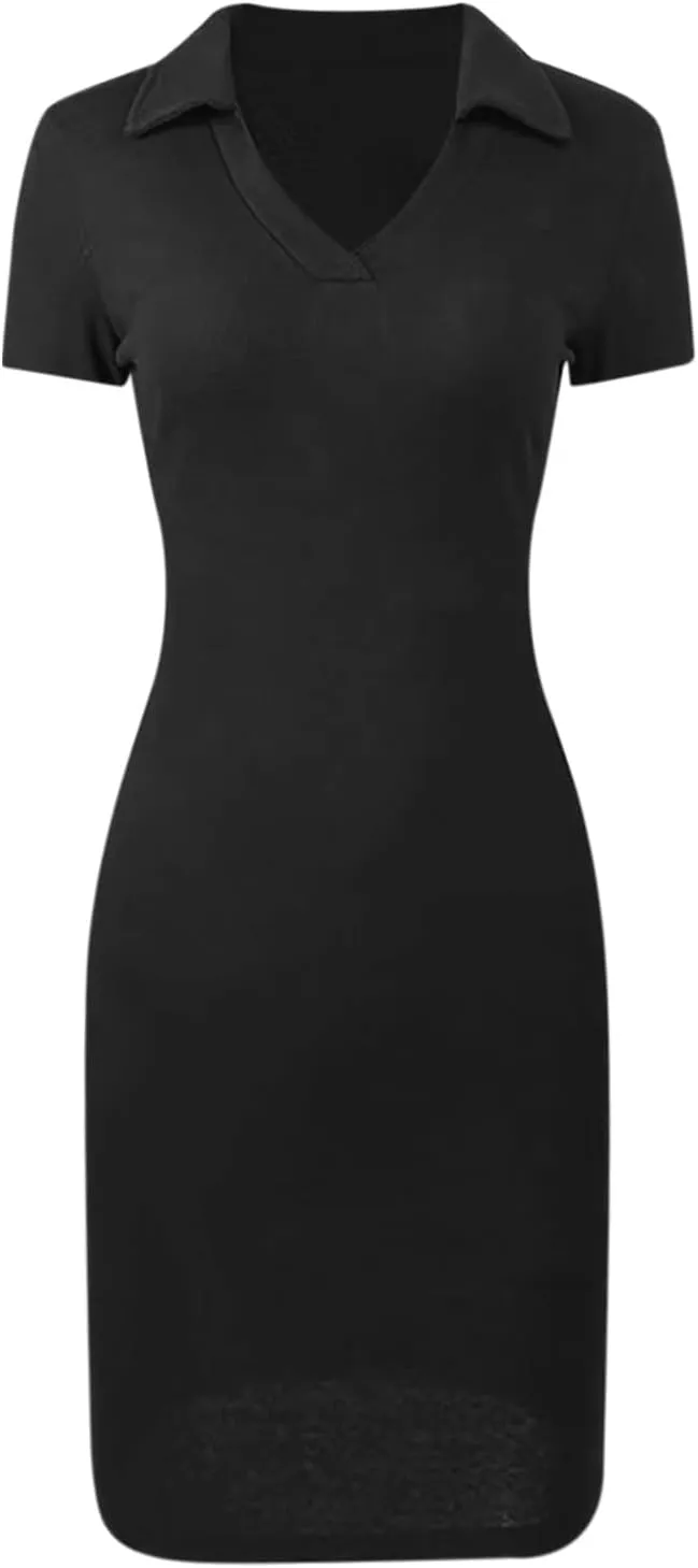 Summer Dresses for Women 2025 Collared Wrap Short Dresses Ribbed Short Sleeve V Neck Sun Dress Business Casual Dress