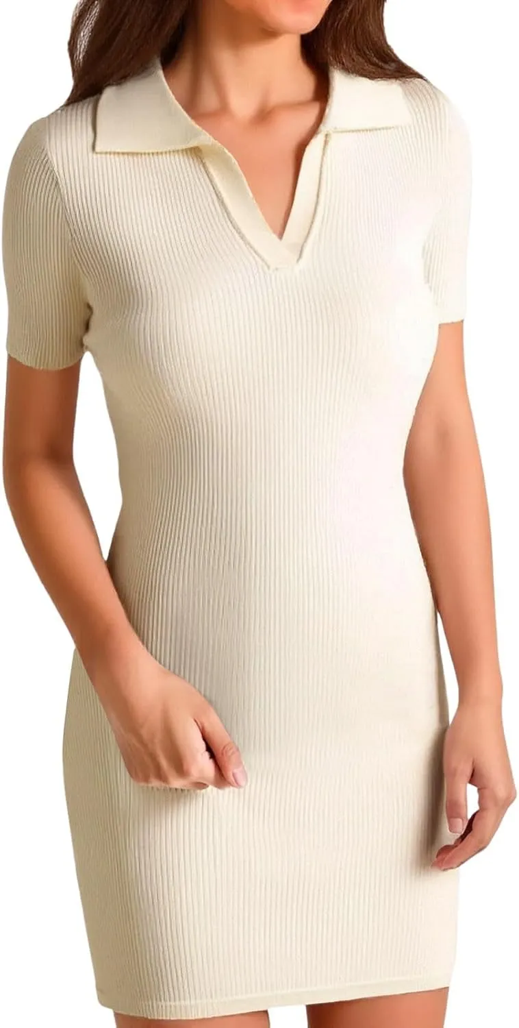 Summer Dresses for Women 2025 Collared Wrap Short Dresses Ribbed Short Sleeve V Neck Sun Dress Business Casual Dress
