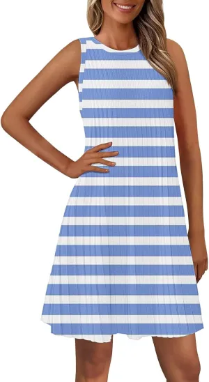 Summer Dresses for Women 2025 Loose Beach Vacation Casual Crew Neck Casual Boho Dress Sleeveless Sundresses with Pockets