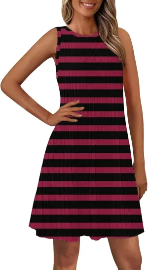 Summer Dresses for Women 2025 Loose Beach Vacation Casual Crew Neck Casual Boho Dress Sleeveless Sundresses with Pockets