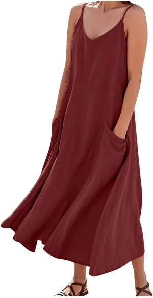 Summer Dresses for Women 2025 Plus Size Sleeveless Linen Dresses Casual Flowy Beach Maxi Sun Dress with Pocket