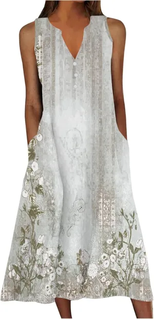 Summer Dresses for Women 2025 Vacation Casual Sleeveless v Neck Long Tank Dress Boho Floral Beach Flowy Sundresses