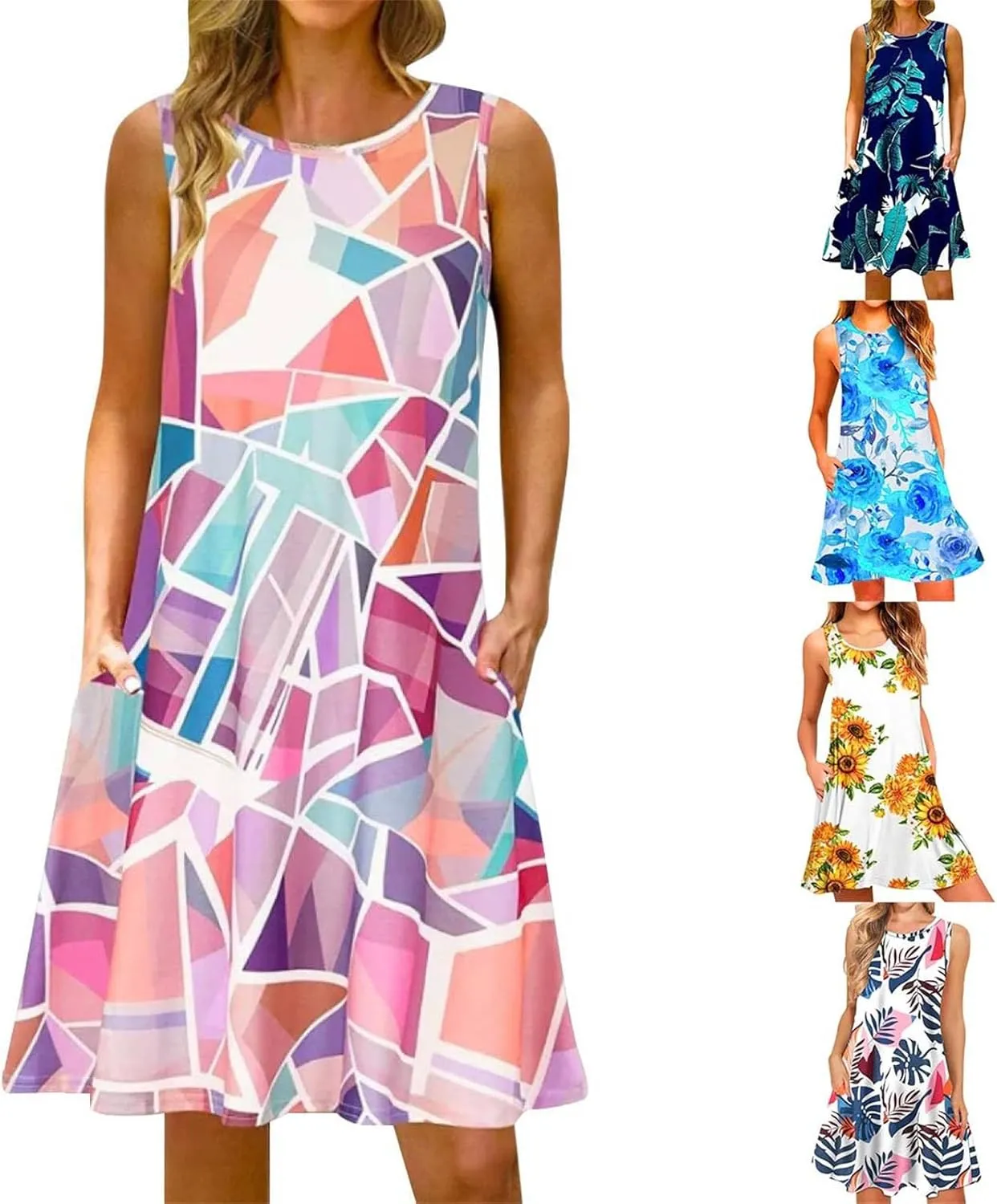 Summer Dresses for Women 2025,Women's Classic Boho Floral Printed Sleeveless Sundresses Loose Beach Round Neck Dresses