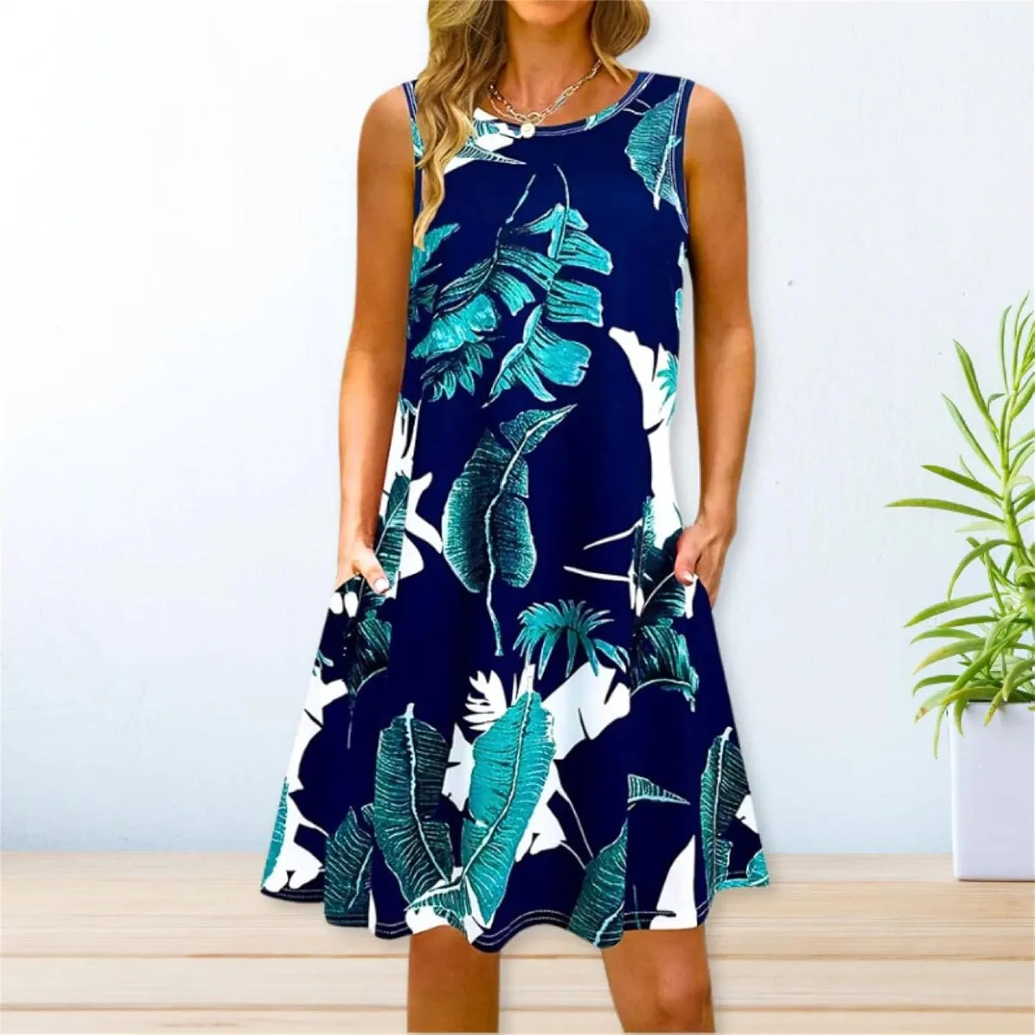 Summer Dresses for Women 2025,Women's Classic Boho Floral Printed Sleeveless Sundresses Loose Beach Round Neck Dresses