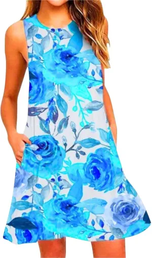 Summer Dresses for Women 2025,Women's Classic Boho Floral Printed Sleeveless Sundresses Loose Beach Round Neck Dresses