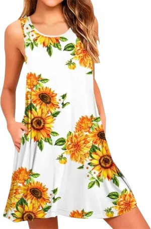 Summer Dresses for Women 2025,Women's Classic Boho Floral Printed Sleeveless Sundresses Loose Beach Round Neck Dresses