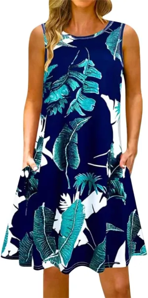 Summer Dresses for Women 2025,Women's Classic Boho Floral Printed Sleeveless Sundresses Loose Beach Round Neck Dresses