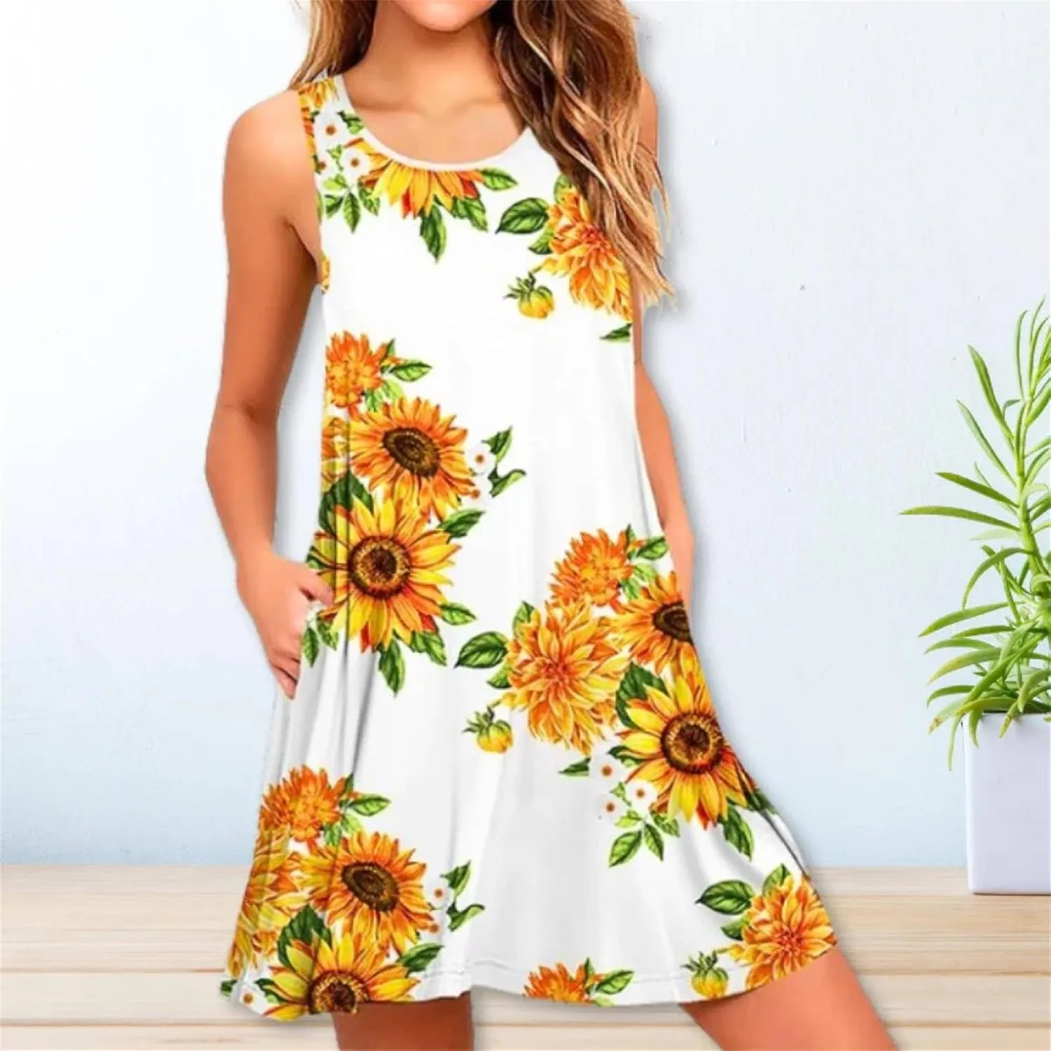 Summer Dresses for Women 2025,Women's Classic Boho Floral Printed Sleeveless Sundresses Loose Beach Round Neck Dresses