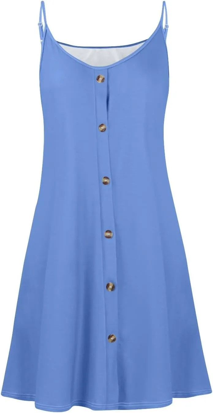 Summer Dresses for Women Spaghetti Strap Casual Swing Tank Beach Cover Up Dress with Pockets