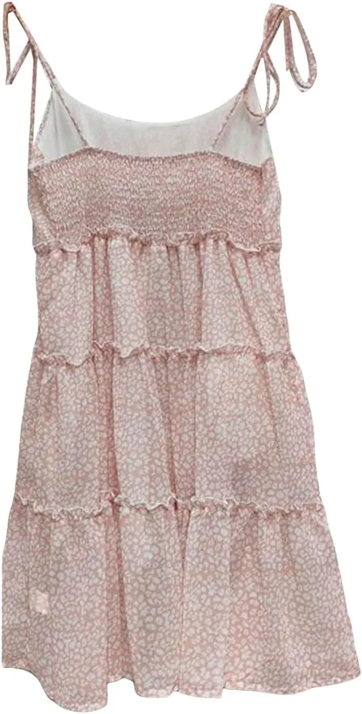 Summer Floral Boho Dresses for Women Spaghetti Straps Beach Ruffle Sexy Mini Dress
