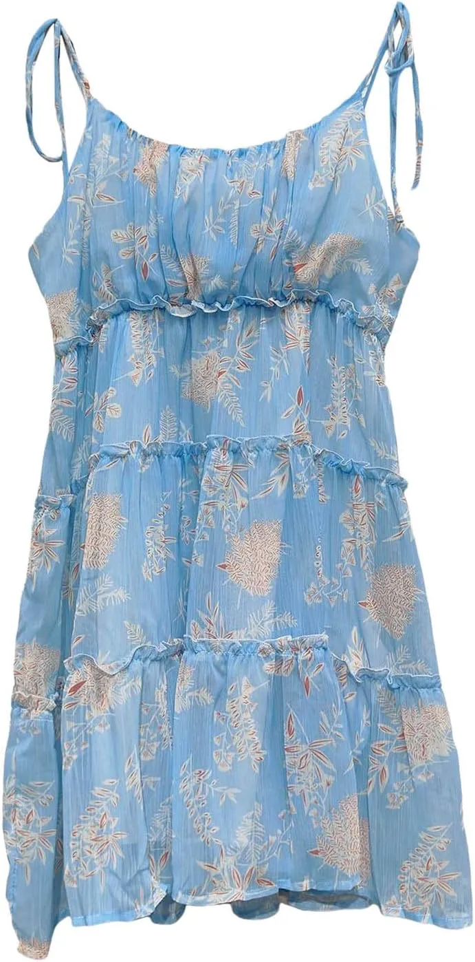 Summer Floral Boho Dresses for Women Spaghetti Straps Beach Ruffle Sexy Mini Dress