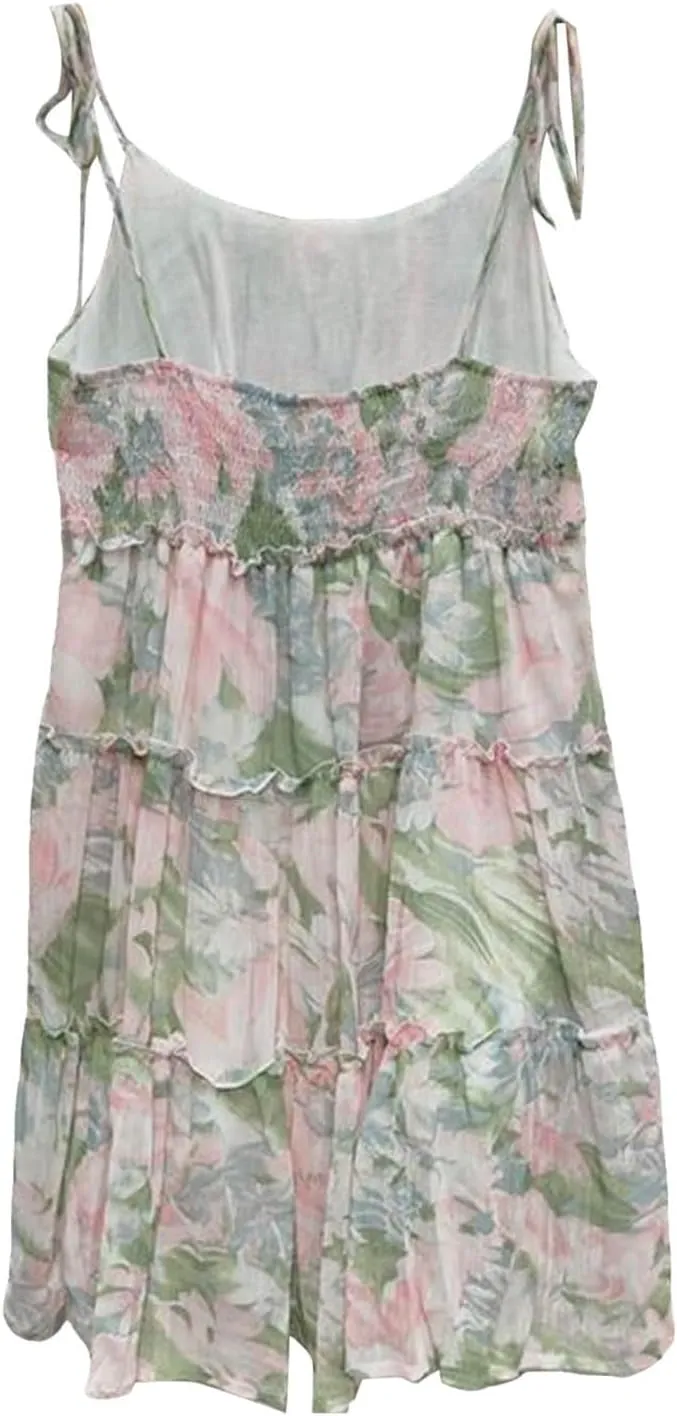 Summer Floral Boho Dresses for Women Spaghetti Straps Beach Ruffle Sexy Mini Dress