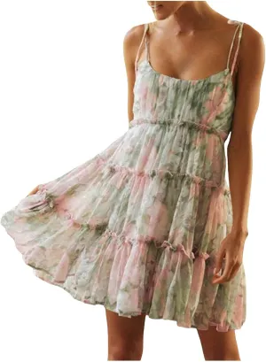 Summer Floral Boho Dresses for Women Spaghetti Straps Beach Ruffle Sexy Mini Dress
