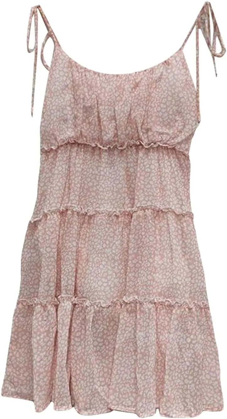 Summer Floral Boho Dresses for Women Spaghetti Straps Beach Ruffle Sexy Mini Dress