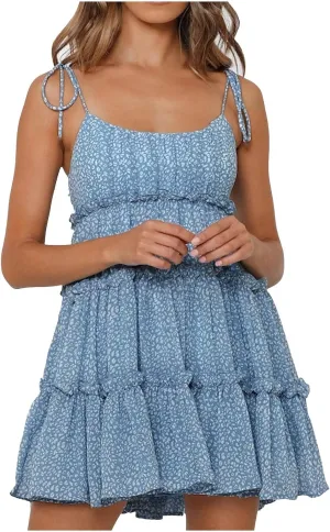 Summer Floral Boho Dresses for Women Spaghetti Straps Beach Ruffle Sexy Mini Dress