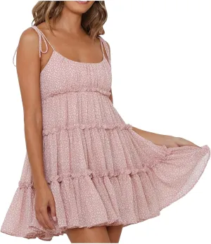Summer Floral Boho Dresses for Women Spaghetti Straps Beach Ruffle Sexy Mini Dress