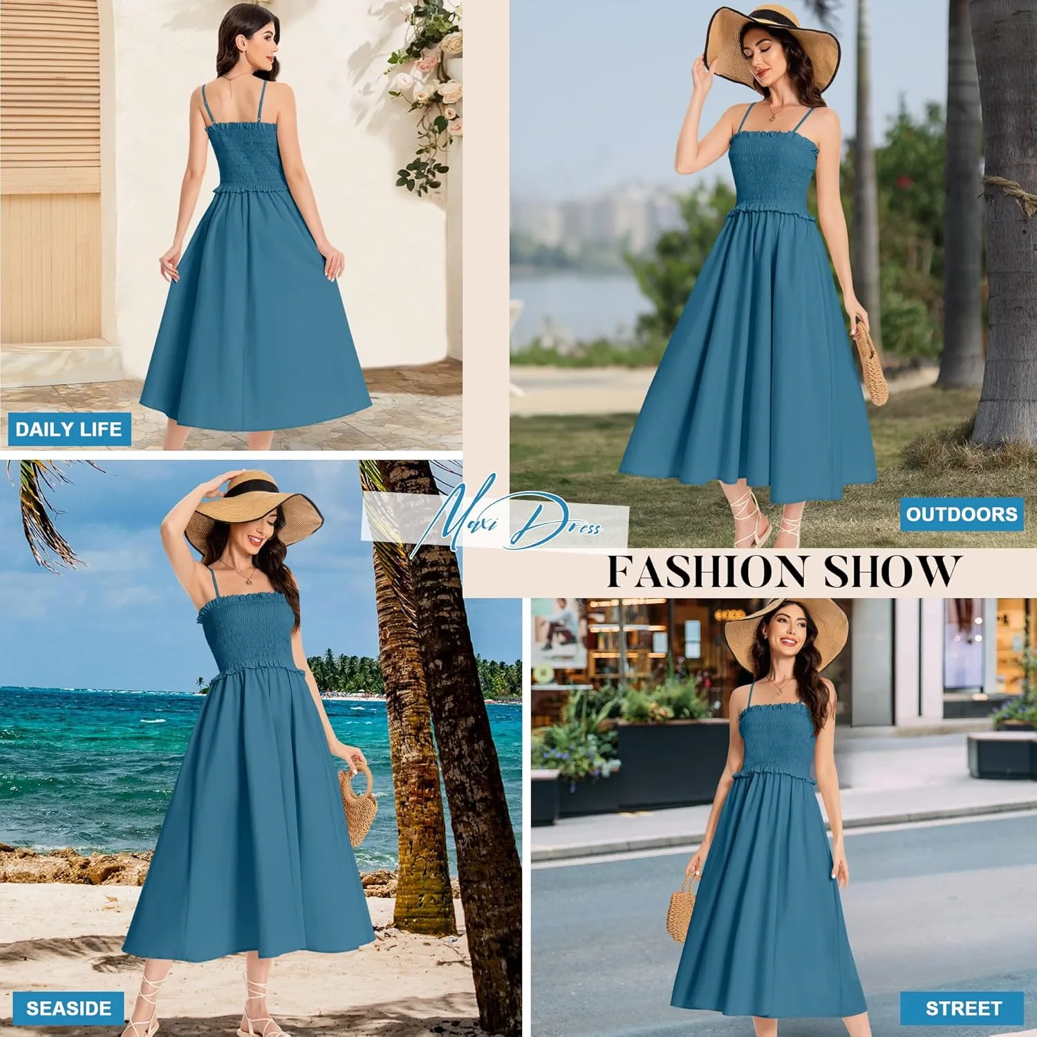 Summer Maxi Dress, 2025 Sleeveless Sundress Cotton Dress Strap Smocked Beach Dresses for Women