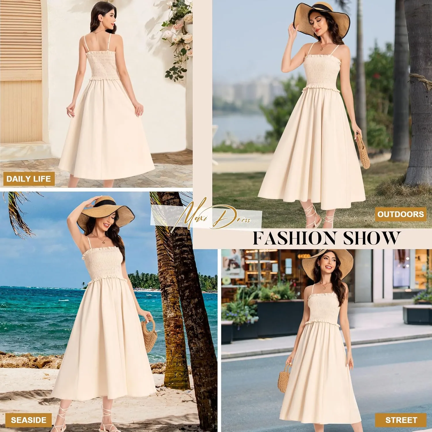 Summer Maxi Dress, 2025 Sleeveless Sundress Cotton Dress Strap Smocked Beach Dresses for Women