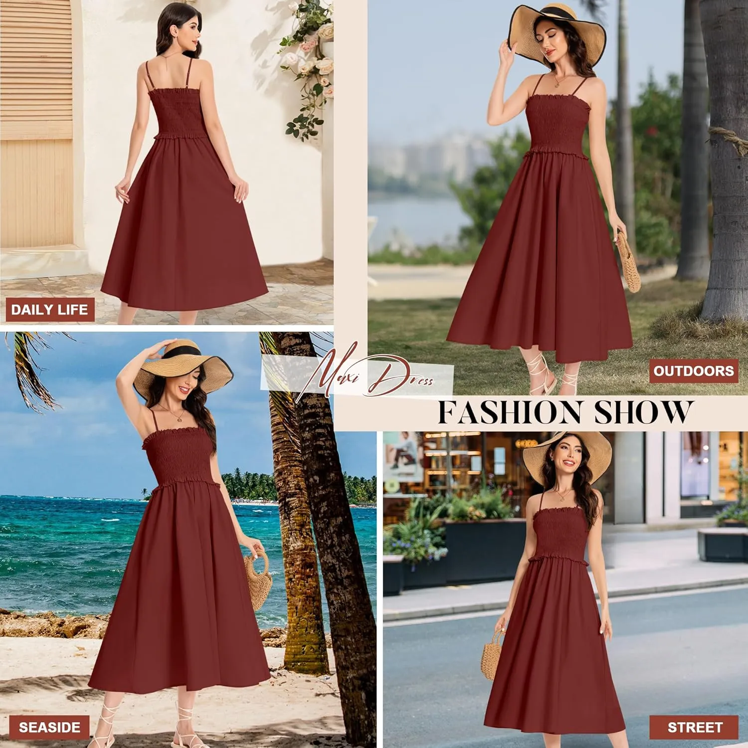 Summer Maxi Dress, 2025 Sleeveless Sundress Cotton Dress Strap Smocked Beach Dresses for Women