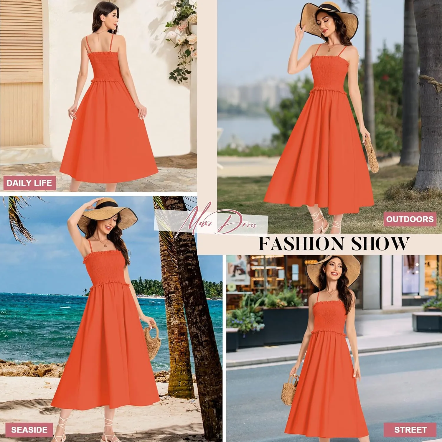 Summer Maxi Dress, 2025 Sleeveless Sundress Cotton Dress Strap Smocked Beach Dresses for Women