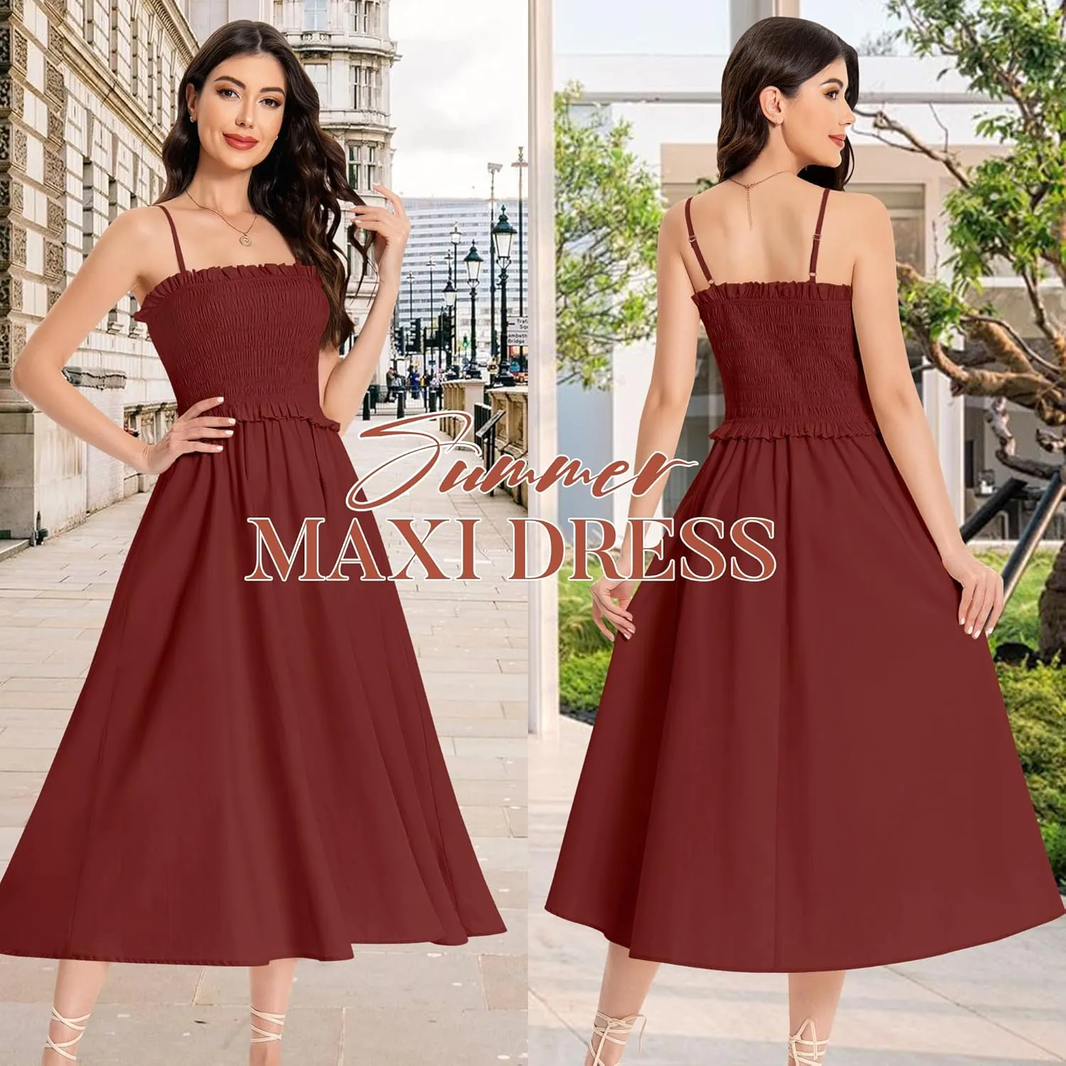 Summer Maxi Dress, 2025 Sleeveless Sundress Cotton Dress Strap Smocked Beach Dresses for Women