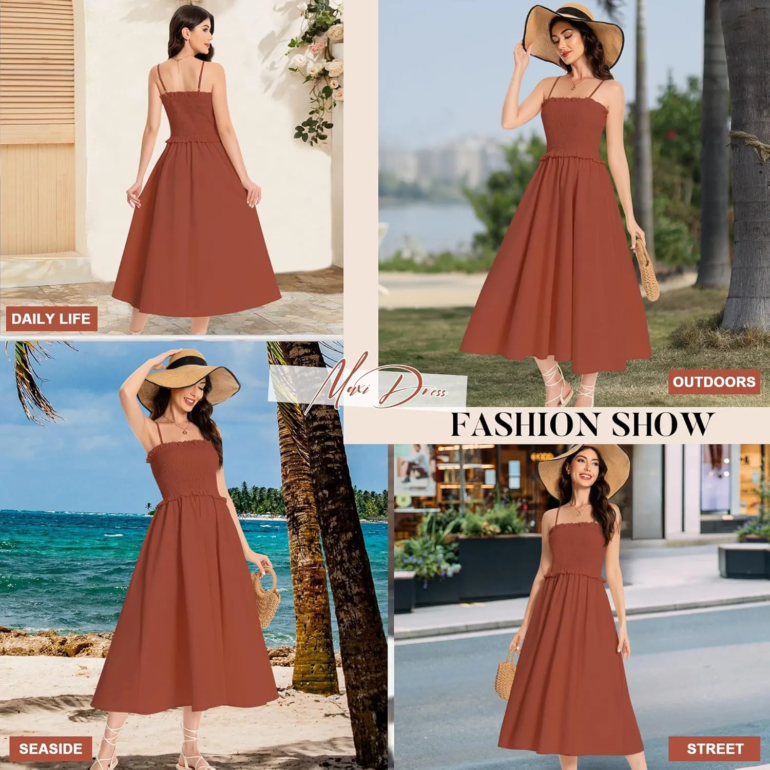 Summer Maxi Dress, 2025 Sleeveless Sundress Cotton Dress Strap Smocked Beach Dresses for Women