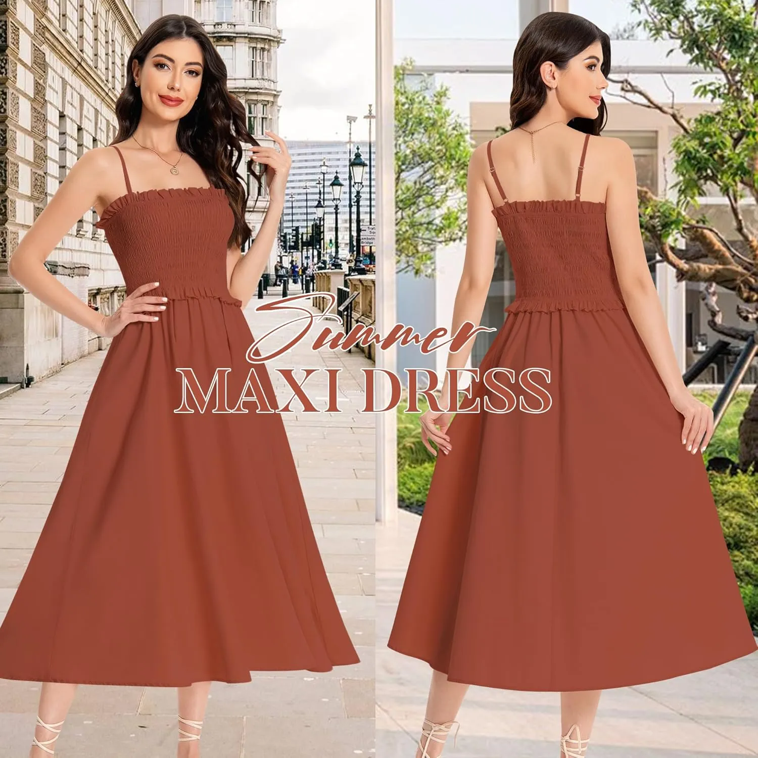 Summer Maxi Dress, 2025 Sleeveless Sundress Cotton Dress Strap Smocked Beach Dresses for Women