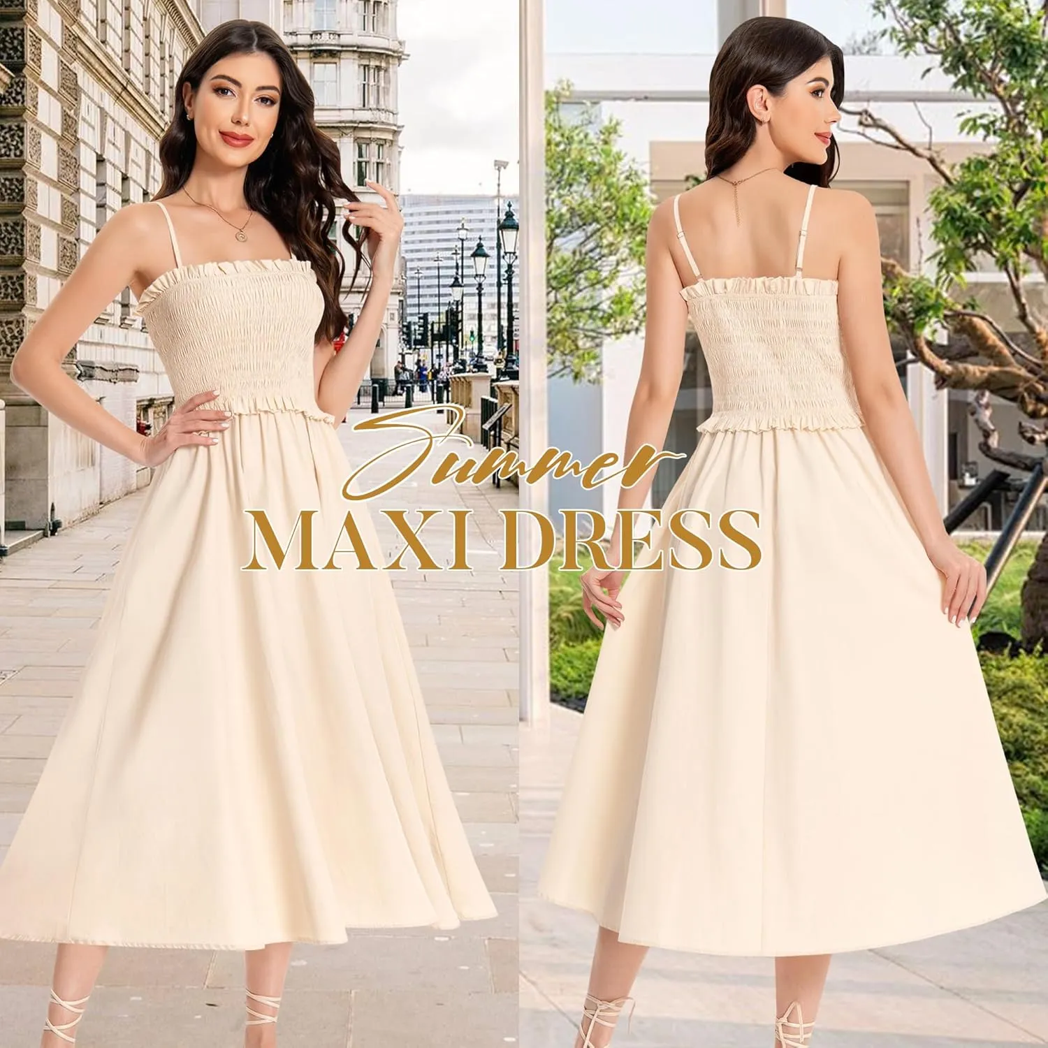 Summer Maxi Dress, 2025 Sleeveless Sundress Cotton Dress Strap Smocked Beach Dresses for Women