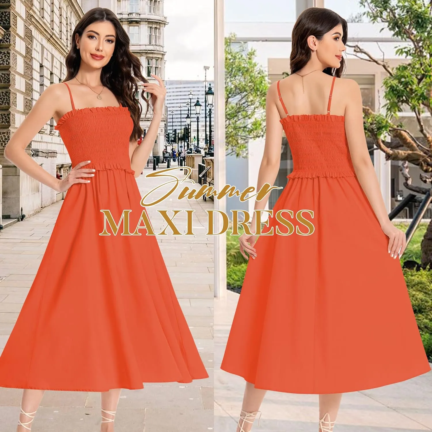 Summer Maxi Dress, 2025 Sleeveless Sundress Cotton Dress Strap Smocked Beach Dresses for Women