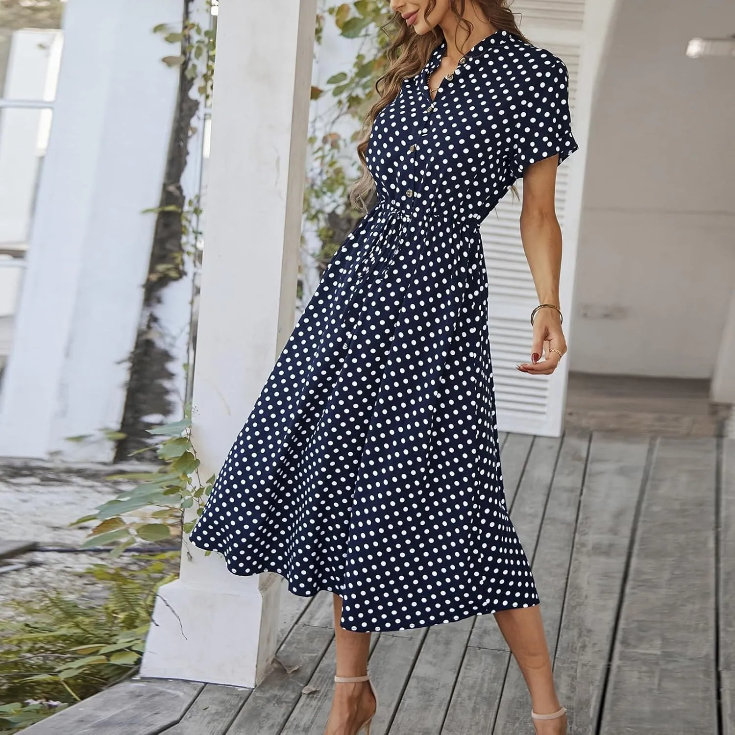 Summer Midi Dresses for Women 2025 Polka Dot Trendy Button Down V Neck Short Sleeve A Line Dresses Tie Empire Waist Frocks