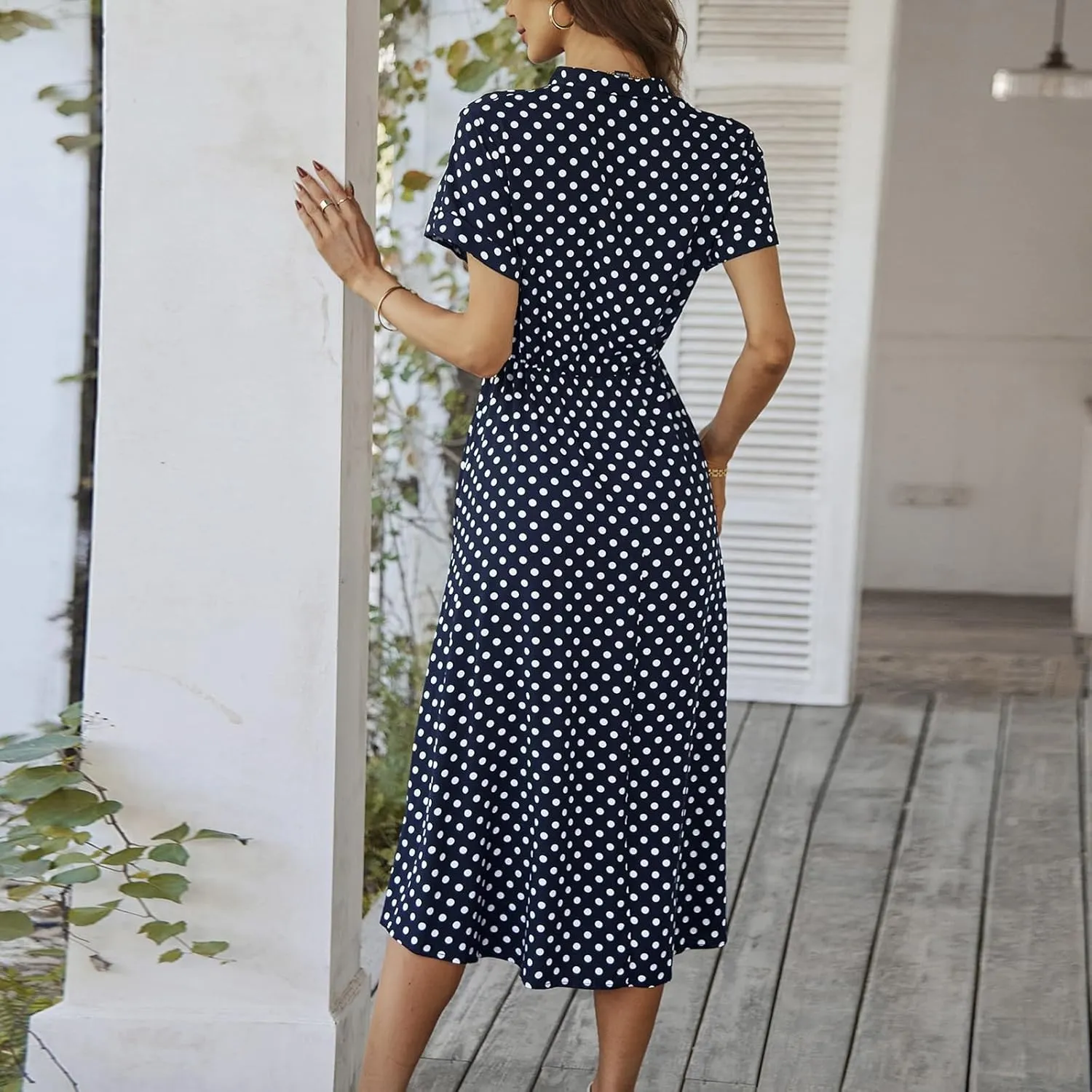 Summer Midi Dresses for Women 2025 Polka Dot Trendy Button Down V Neck Short Sleeve A Line Dresses Tie Empire Waist Frocks