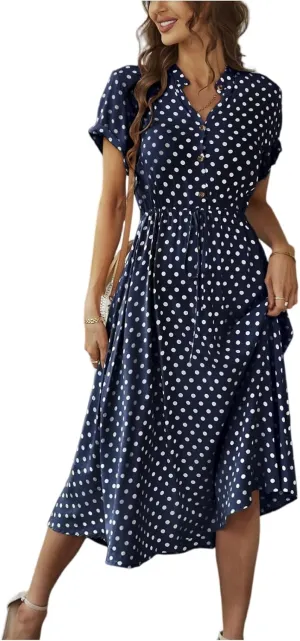 Summer Midi Dresses for Women 2025 Polka Dot Trendy Button Down V Neck Short Sleeve A Line Dresses Tie Empire Waist Frocks
