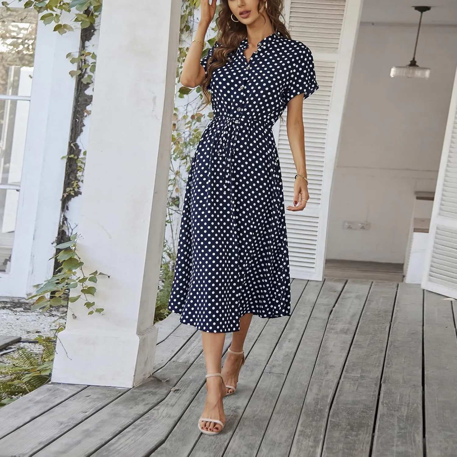 Summer Midi Dresses for Women 2025 Polka Dot Trendy Button Down V Neck Short Sleeve A Line Dresses Tie Empire Waist Frocks