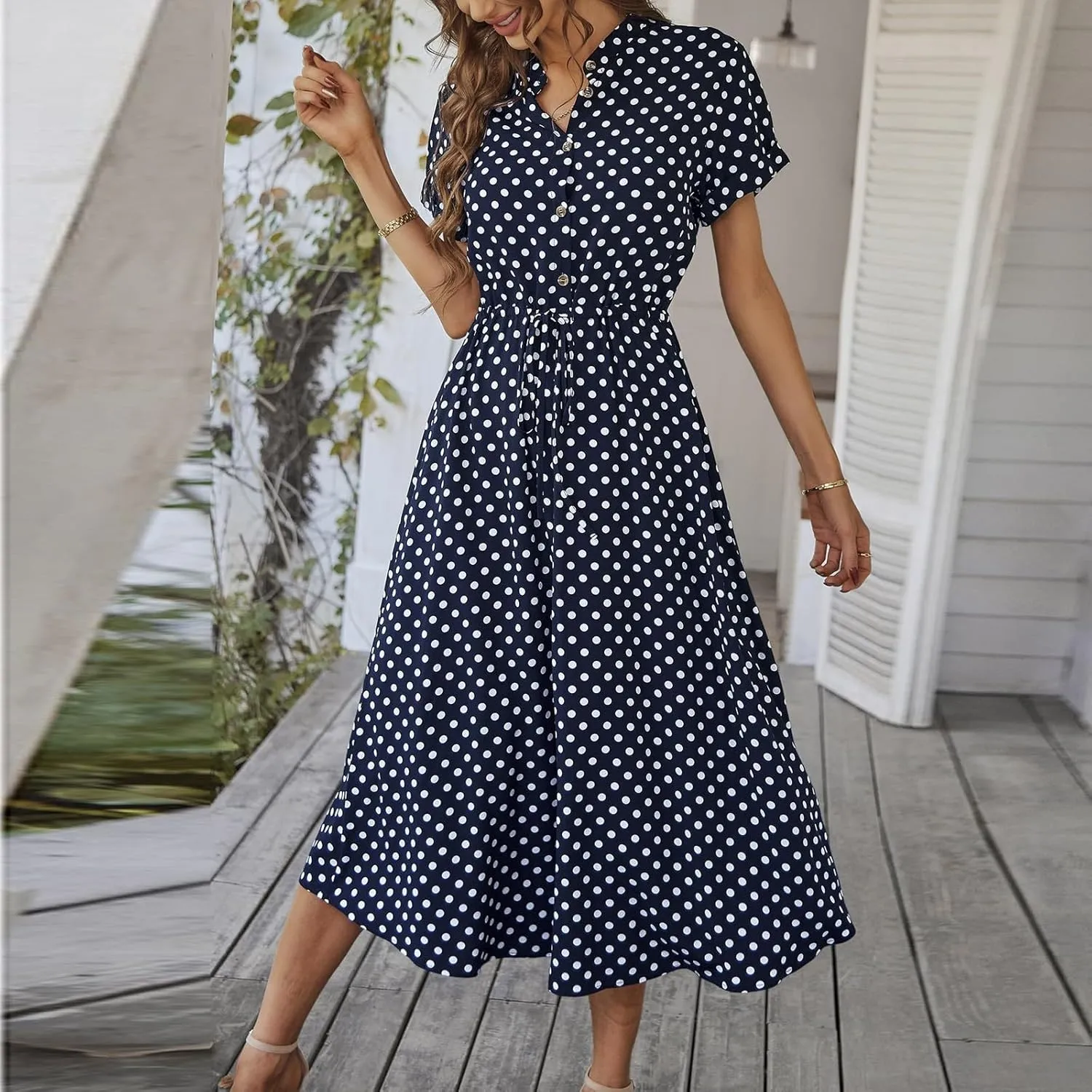 Summer Midi Dresses for Women 2025 Polka Dot Trendy Button Down V Neck Short Sleeve A Line Dresses Tie Empire Waist Frocks